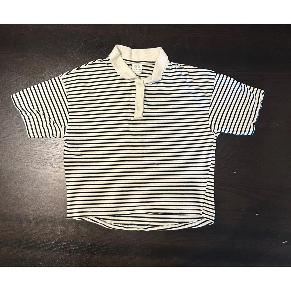 Zara Kids Striped Polo Shirt White Navy Blue Short Sleeve Size 11-12